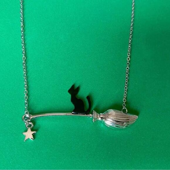 Goth Witchy Cat on Broom Necklace with hanging star, Silver and Black - Picture 2 of 2